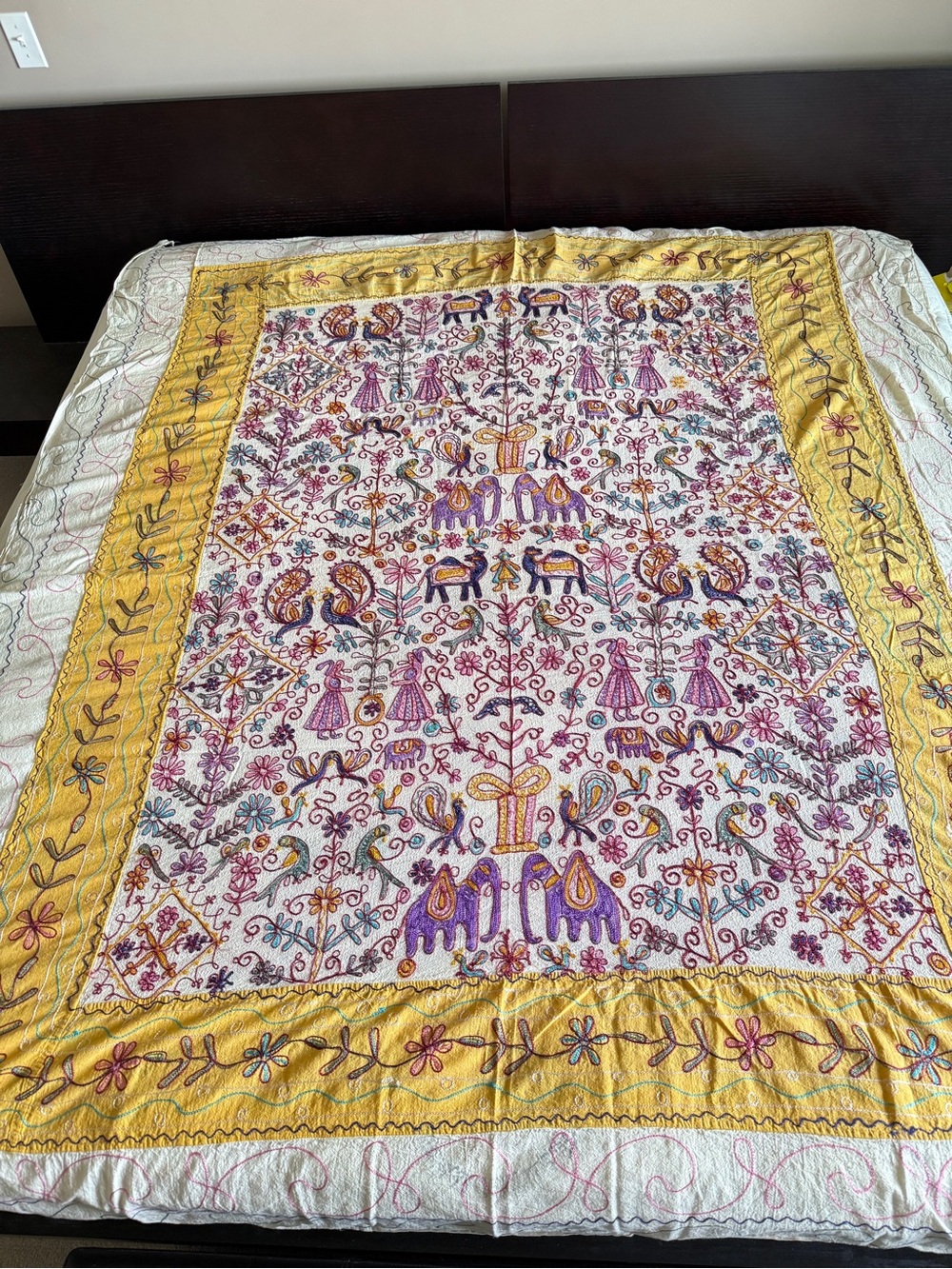 Large Indian Embroidered Tapestry Elephant Peacock Boho Bedspread Throw 88x70